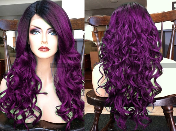 Purple Lace Front Wig Heat Ok Curly Pastel Wig W Skin Part Ombre Black Dark Roots At32