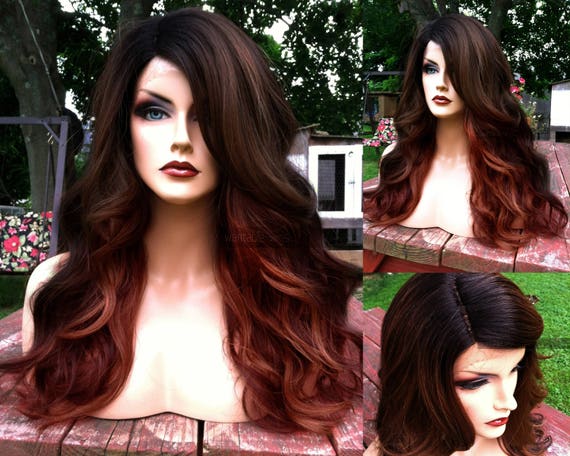 Auburn Lace Front Wig Ombre Brown Red Curly Heat Safe Wavy Black Dark Roots Deep Lace Part For Chemo Cosplay Am29