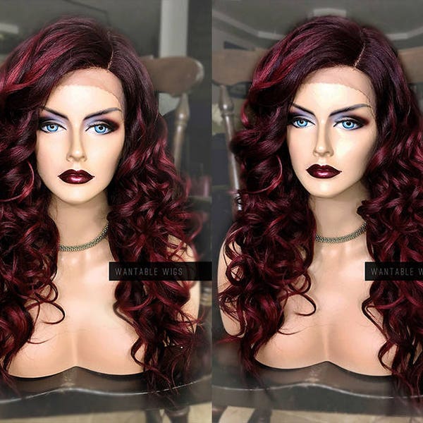 Red Lace Front Wig // Heat OK Curly Burgundy Ombre Wig // Wine FAKE PART Long Curly Wig for Chemo, Wavy Ariel Cosplay // #BB50