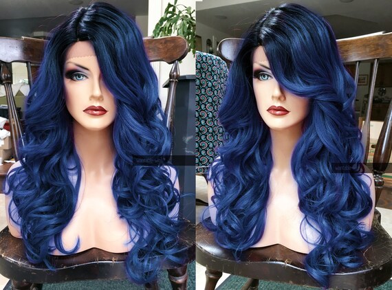 Blue Lace Front Wig Heat Ok Ombre Dark Skin Part Curly Etsy