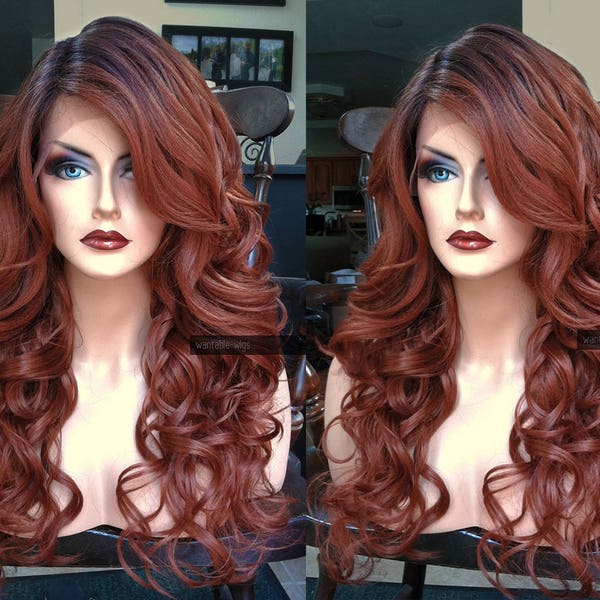 Auburn Wig Human Hair BLEND Lace Front // BROWN Swiss Lace Wigs w/ Part Red Ombre Wig // Wavy Dark Root // #BN48