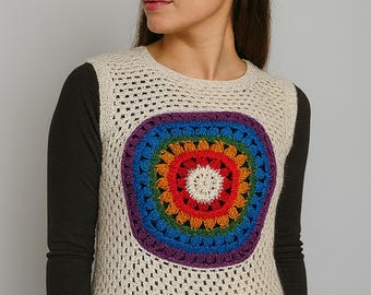 Rainbow Mandala Crochet Vest – Boho Cotton Sleeveless Sweater Top - Gift for Her
