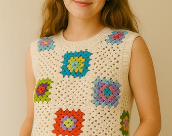 Handmade Granny Square Crochet Vest – 18&quot; Cotton Blend Crop Top with Rib Trim – Colorful Retro Summer Top – Unique Festival Knitwear