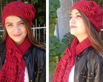 Red Knitted Flower Hat and Scarf Set, Gift for Her, Women Birthday Gift, Winter Gift Accessories, Handmade Gifts, Custom Made Gifts, ,