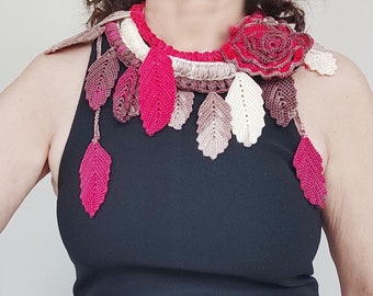 Fiber Art Crochet Flower Bib Necklace, Crochet Neck Accessories, Handmade