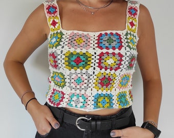 Granny Square Tank Top, Patchwork Crochet Top, Square Neck Sweater, Women Knitwear, Handmade Clothing, Colorful Crochet Blouse, Sustainable