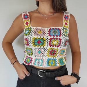 Top na ramiączkach Grandma Square Crochet: ręcznie robiony patchworkowy sweter