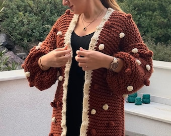 Chunky Knit Popcorn Coat, Balloon Sleeves,Handmade Long Cardigan, Chocolate Brown Sweater, Women Knitwear, Pompom Cardi