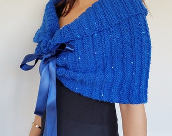 Royal Blue Wedding Shawl, Sequin Yarn, Satin Bow Tie - Ready to Ship - Clearance Sale