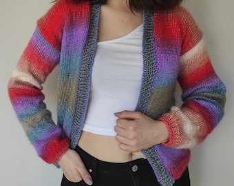 Hand Knit Rainbow Cardigan: Colorful Striped Sweater