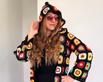 Boho Granny Square Cardigan Hoodie, Cotton Blend Crochet Jacket, Open Front Sweater,  Patchwork Clothing, Multicolor Outfit, Women Knitwear