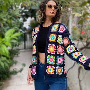Colorful Crochet Cardigan, Patchwork Women&#39;s Wear, Granny Square Top, Hand Knit Cropped Jacket, Gift for Her, Sweater for Summer