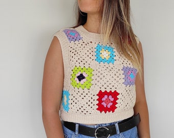 Granny Square Sweater Vest, Cotton Crochet Top, Women Knitwear, Patchwork Vest, Sleeveless Top, XS to 5XL Sizes, Handmade to Order, Gift