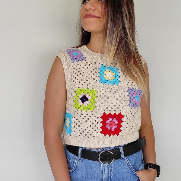 Granny Square Sweater Vest, Cotton Crochet Top, Women Knitwear, Patchwork Vest, Sleeveless Top, XS to 5XL Sizes, Handmade to Order, Gift