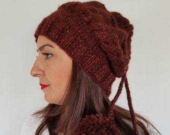Cable Knit Slouch Hat with Pom Pom Mohair Tinsel Blend - Ready to Ship Women&#39;s Beanie - Winter Gift Hat - Clearance Sale