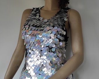 Silver Mirror Sequin Tank Top, Festival Clothing, Party Outfit, Unisex Crochet Top, Gift for Him, Gift for Her