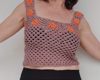 Granny Square Tank Top in Mercerized Cotton, Boho Clothing, Mink Orange Color Flower Crochet Sweater, Handmade Gift for Her, Womens Crop Top