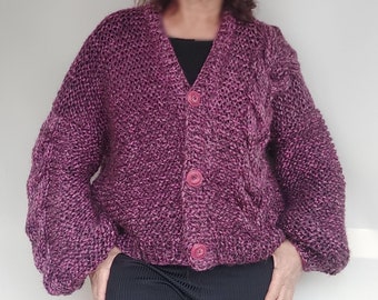 Cable Knit Cardigan  Purple Wool Blend, Cropped Sweater with Balloon Sleeves, Gift for Her, Clothing Women, Button Down Sweater, Handmade