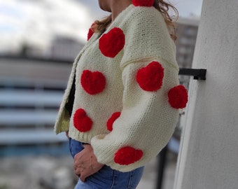 3D Heart Cardigan, Cropped Knit Sweater,  Handmade Jumper, Gift for Her, Heart Embroidery Top, Chunky Knit Cardigan