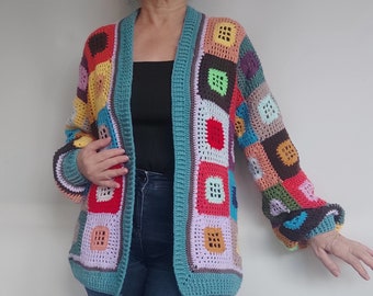 Granny Square Crochet Cardigan, Vibrant Color Patchwork Jacket, Hand Knitted Casual Outfit, Open Front Sweater Women, Multicolor Clothing