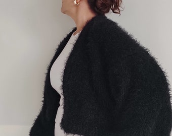 Fluffy Fuzzy Knit Cropped Cardigan, Women's Faux Fur Bolero, Open Front Shrug, Wedding Outfit, Elegant Jacket, Vintage Lover Gift Sweater