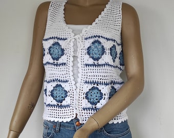Women's Granny Square Crochet Vest, Afghan Patchwork Sleeveless Top, Hand Knitted Multicolor Summer Clothing, Tie Front Cropped Boho Dress
