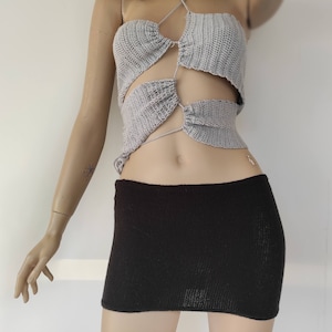 Hand Knit Micro Mini Skirt: Black Low Rise Festival Clothing