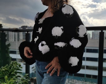 Furry Sheep on Black Cardigan, Custom 3D Lamb Sweater, Hand Knitted Jumper, Cottage Core Outfit, Chunky Oversized Cardigan