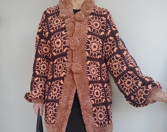 Brown Apricot Cardigan with furry Collar & Trim ,Granny Square Crochet Sweater, Long Jacket, Women's Knitwear, Drop Shoulder