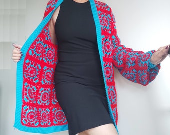 Granny Square Crochet Cardigan Womens, Edge to Edge Longline Jacket, Handmade Drop Shoulder Sweater, Red Blue Knitwear, Holiday Gift for Her