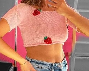 Strawberry Knit Cropped Sweater, Underbust Length Fruit Top, Gift for Girlfriend, Festival Outfit, Summer Outdoors