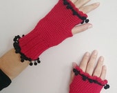 Red Crochet Gloves Fingerless, Pom Pom Trim, Red Winter Accessories, Crochet Fingerless Mittens