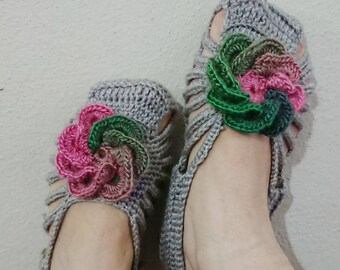Crochet Flower Slippers Non Slip Sole Hand Knit House Shoes