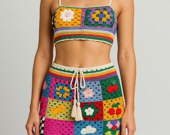 Conjunto de falda y top de ganchillo estilo abuela: atuendo colorido para festivales.
