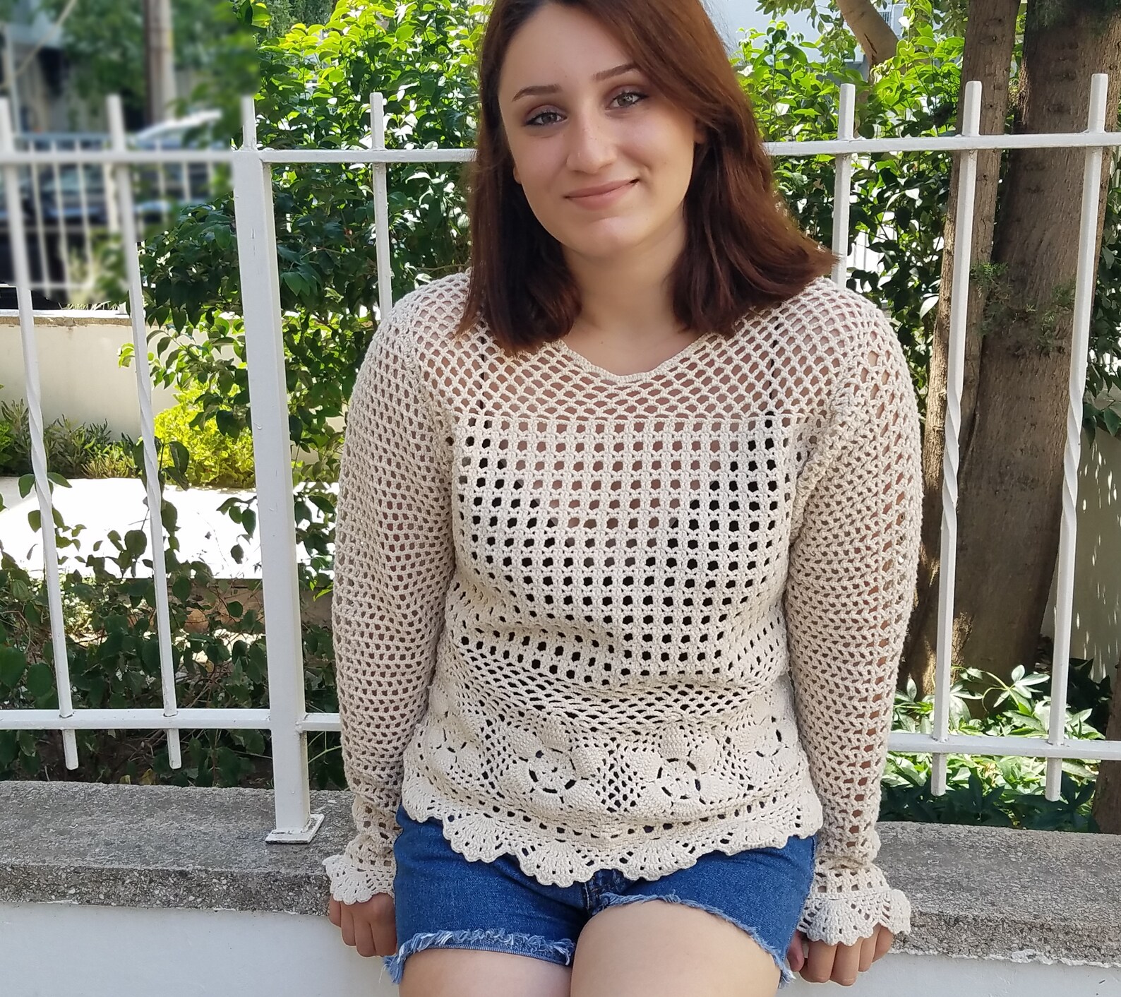 Long Sleeve Crochet Lace Top Ecru Crochet V Neck Top Cotton - Etsy