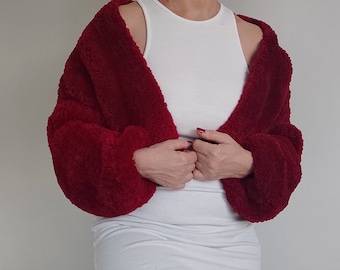 Women's Faux Fur Knitted Bolero, Open Front Cardigan, Layering Piece, Cropped Jacket, Vintage Inspired Looks, Bordeaux Fur Yarn Sweater