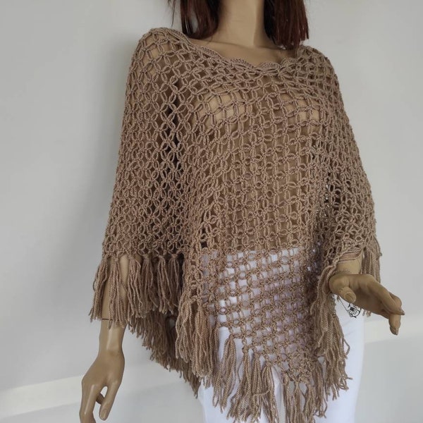 Crochet Poncho, Open Work Fishnet Poncho, Women Crochet Wear, Hand Knit Poncho