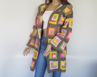 Granny Square Crochet Cardigan: Handmade Bohemian Patchwork Knitwear