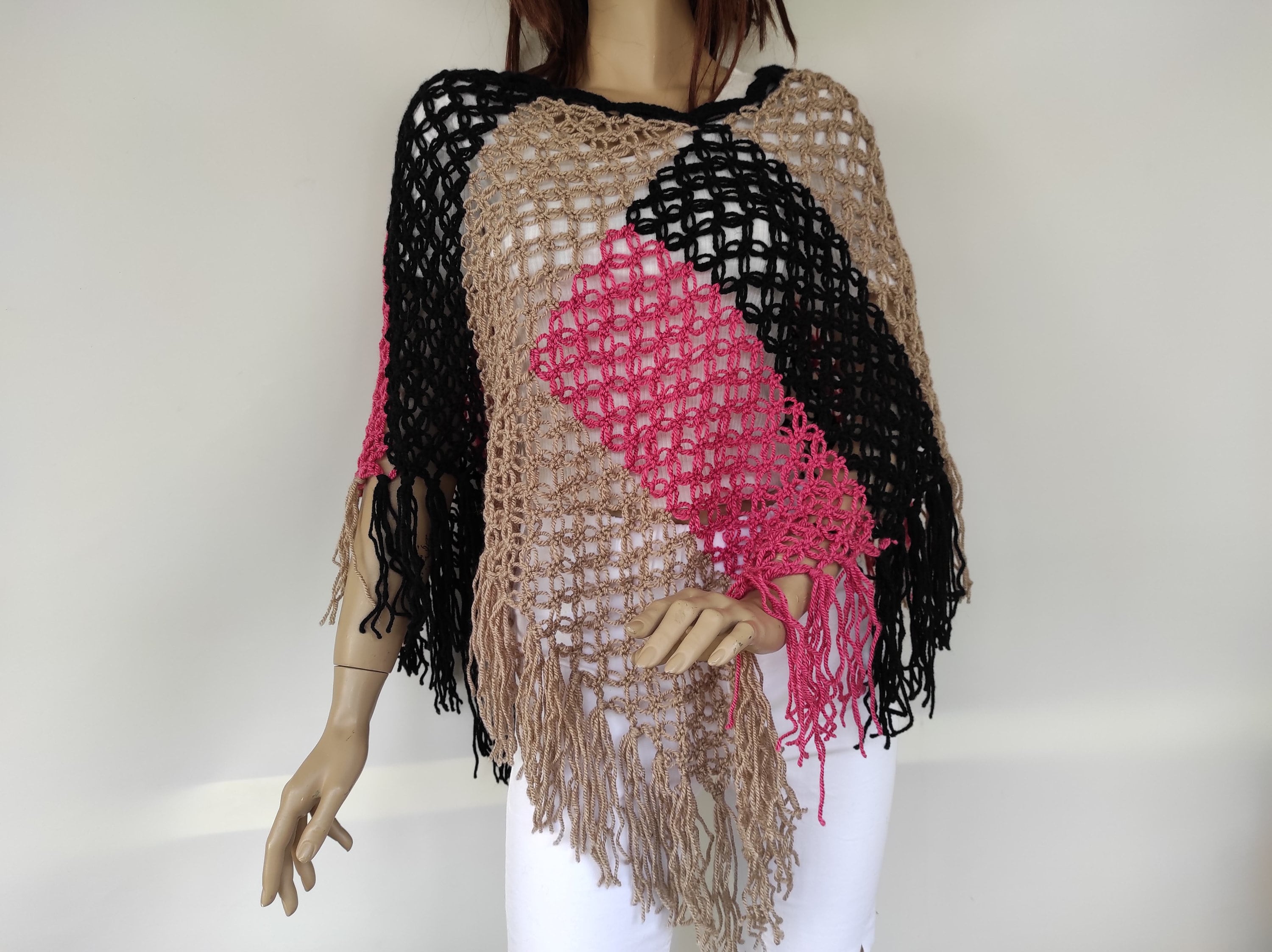 Open Work Crochet Poncho With Fringe and Color Blocks Women