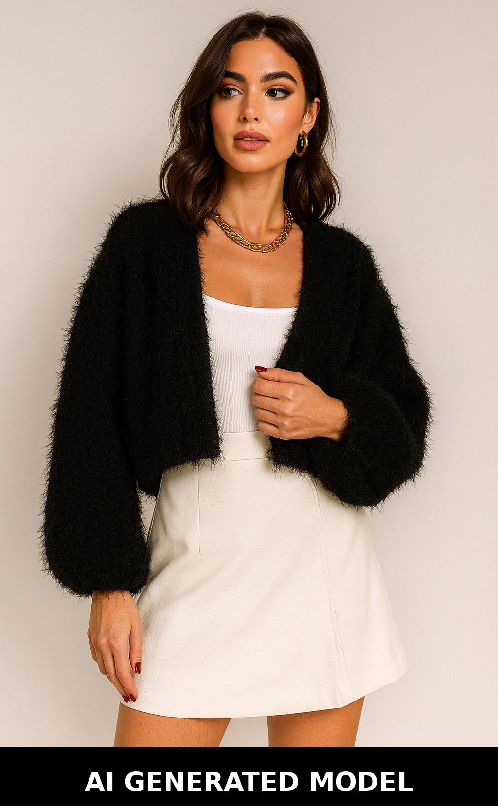Fluffy Black Acrylic Knit Cardigan Shrug: Cozy Layering Bolero