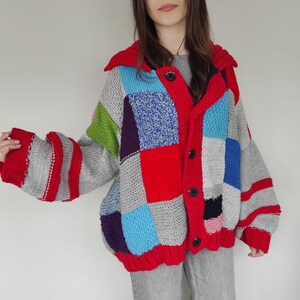 Handgemaakt patchwork gebreid vest: oversized unisex bombermodel