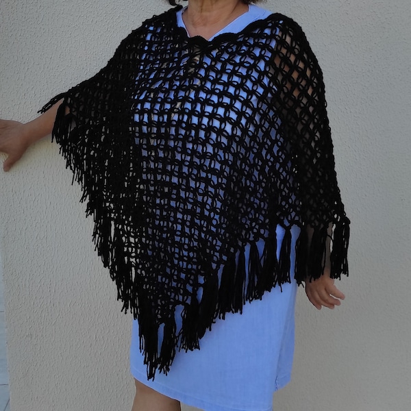 Black Crochet Poncho w Fringe, Open Work Fishnet Poncho, Women Crochet Wear