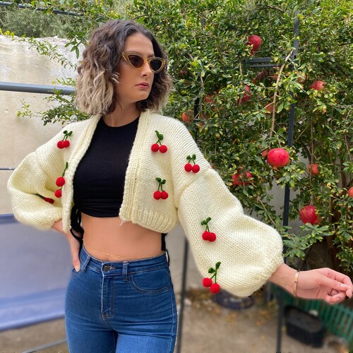 Cherry Sweater Cardigan, Cottagecore Knitwear, Cropped Balloon