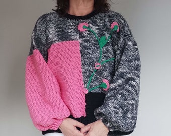 Crochet Jumper with Tulip Embroidery Design, Embellished Floral Pullover, Oversized Bloom Adorned Knits, Spring Blossom Sweater, Color Block