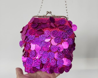 Sequin Embellished Crochet Purse Bag Cross body, Fuchsia Pink Crochet Bag, Handmade Bags, Chain Strap Bag