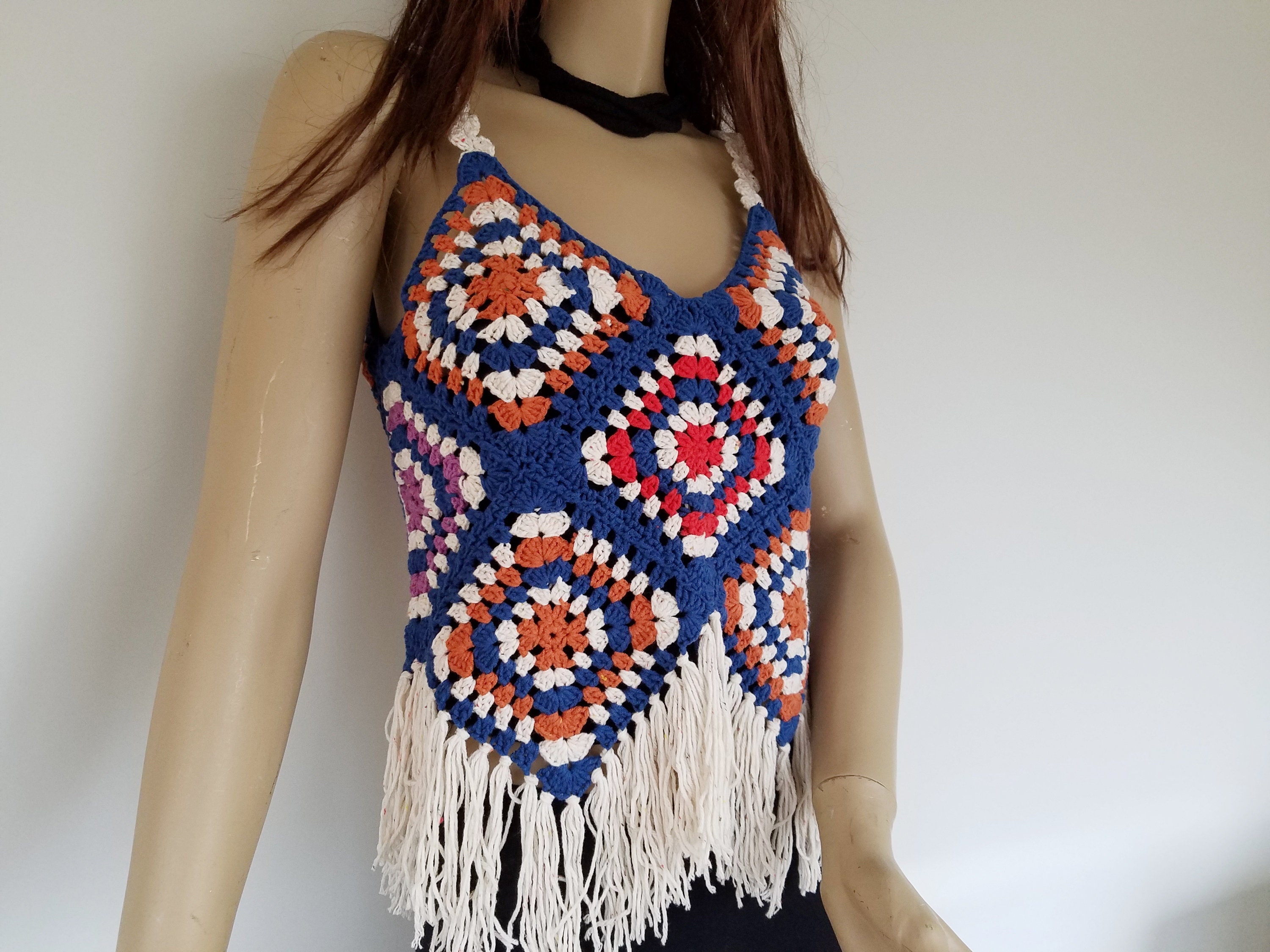 Granny Square Crochet Tank Top with Fringe Detail | Etsy
