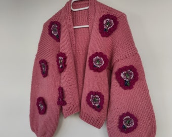 Hand Knit Flower Cardigan | Oversized Cardigan for Women | Exclusive Knitwear | Floral Cardigan | Mother's Day Gift