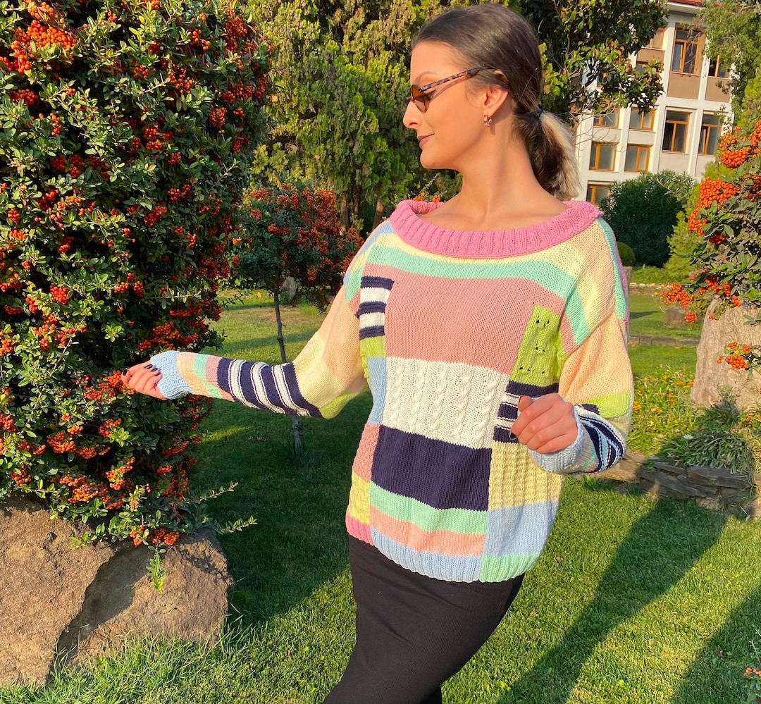 Color Block Pullover Top, Mixed Stitch Knit Pattern, Patchwork Cotton