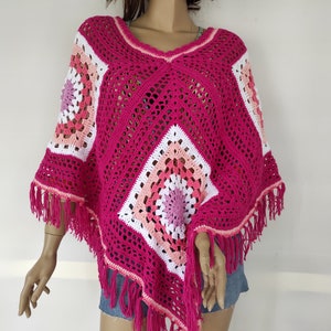 Granny Square Crochet Poncho, Fuchsia Pink Crochet Poncho, Poncho for Women, Fringe Poncho, Triangle Poncho, Gift for Her