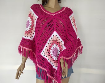 Granny Square Crochet Poncho, Fuchsia Pink Crochet Poncho, Poncho for Women, Fringe Poncho, Triangle Poncho,Short Square Poncho,Gift for Her